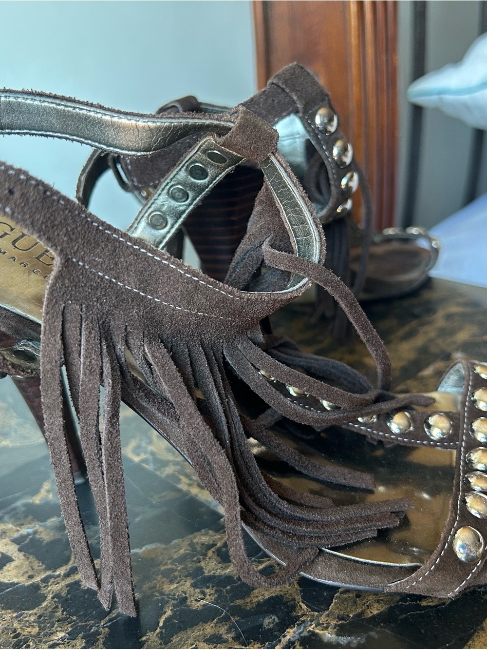 Guess Brown Suede Fringe Studded High Heel Sandals